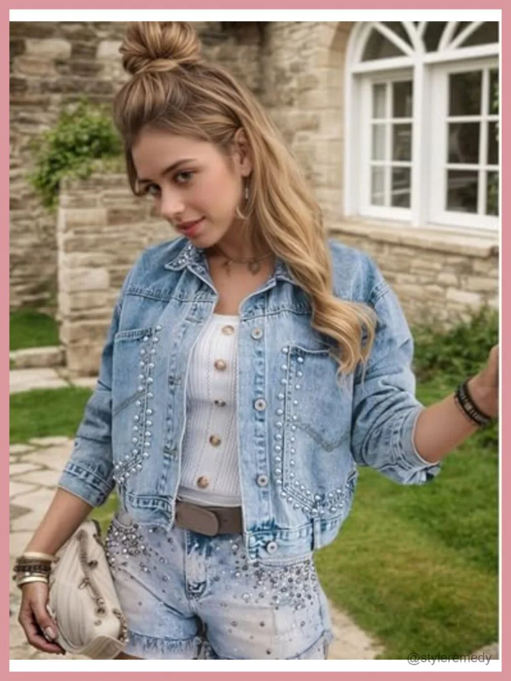 Rivet Studded Denim Jacket Women's Cropped Casual Jean Coat with 85% Cotton